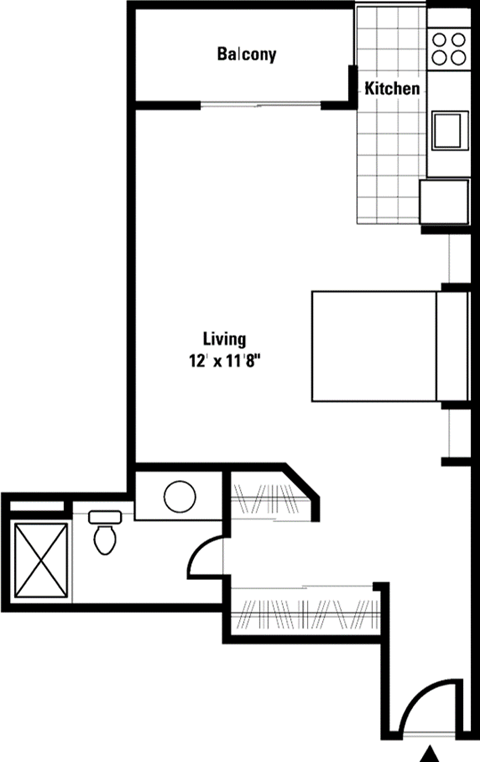 Floor plan for studio, 1 bath, 514 sqft